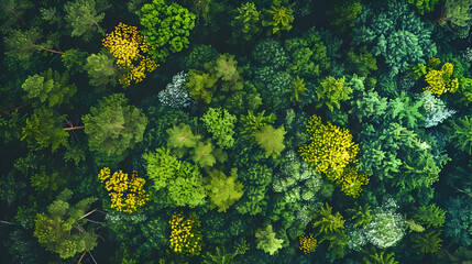 A bird's-eye view of a temperate forest during spring bloom, with patches of wildflowers adding splashes of color to the predominantly green canopy