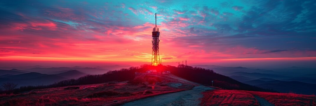 At majestic dawn, a mountain tower broadcasts signals across the sky, embodying wireless technology.