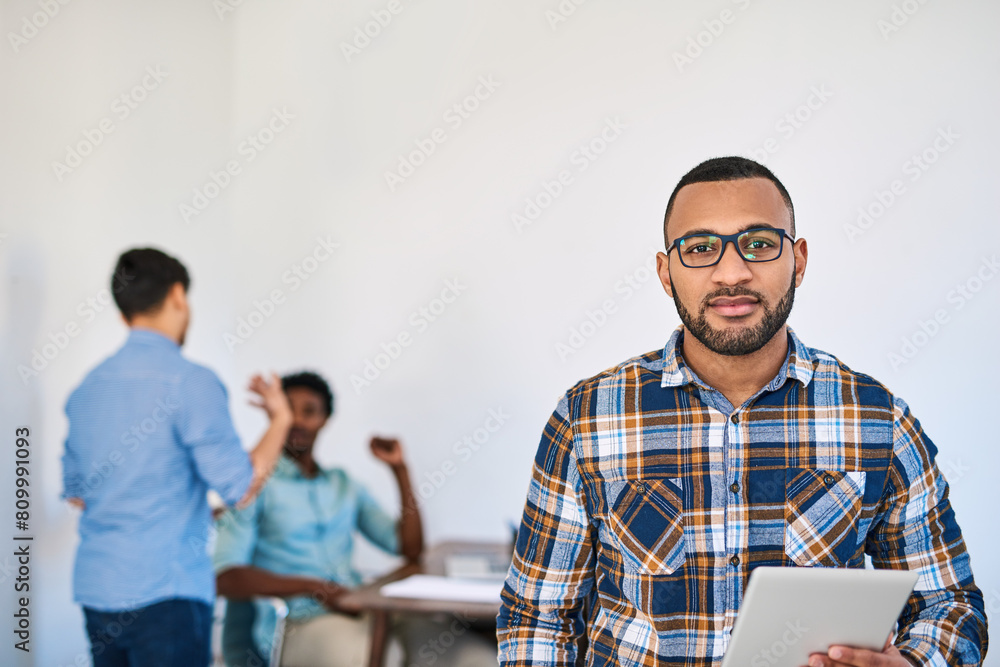 Poster creative, office and portrait of man with tablet, confidence or entrepreneur at tech startup. design