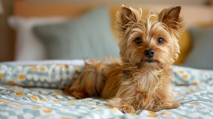 Charming small dog with a glossy coat relaxing on a patterned bedspread, gazing into the camera