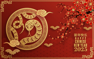 Happy chinese new year 2025  the snake zodiac sign with flower,lantern,pattern,cloud asian elements red,gold  paper cut style on color background. (Translation : happy new year 2025 year of the snake)