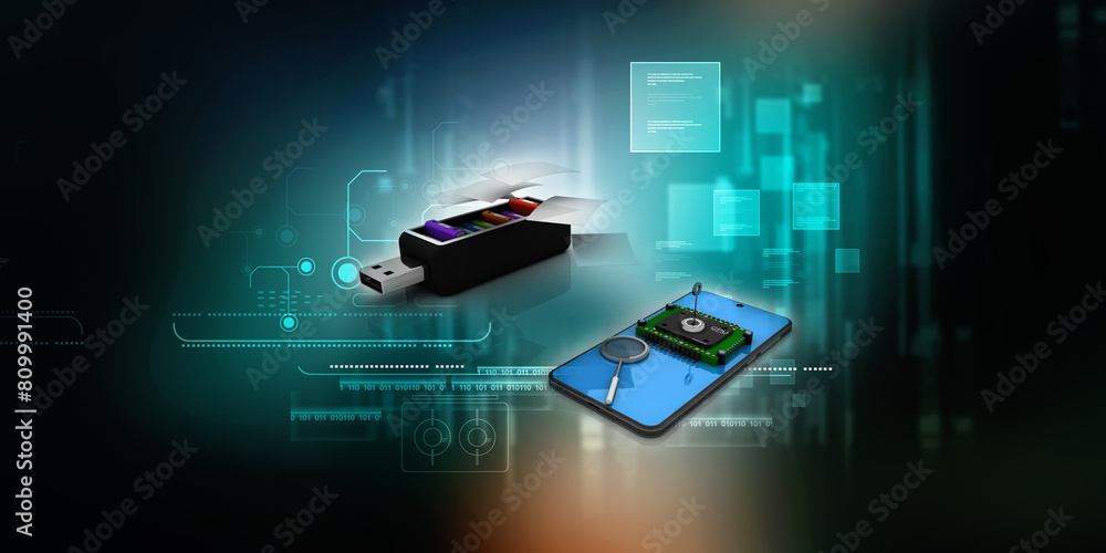 Aufkleber 3d rendering microchips on mobile phone with office file in pendrive