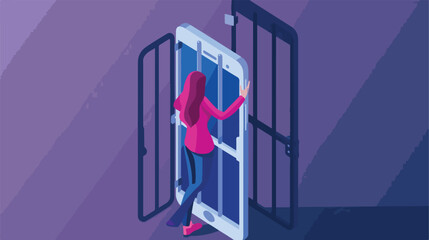 Young woman addicted to likes. Isometric vector illustration