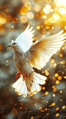 Fototapeta premium A white dove, symbol of peace, soars with outstretched wings in a clear blue sky