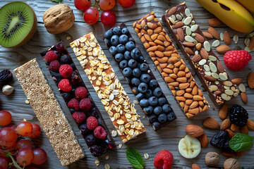 Naklejka premium Assorted granola bars with fruits and nuts displayed on a wooden table