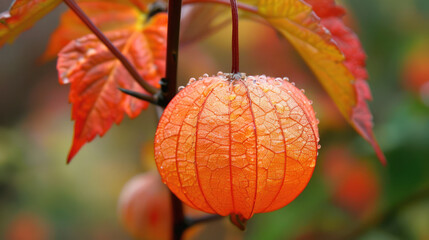 Physalis alkekengi - orange lanterns of physalis alkekengi among green leaves.