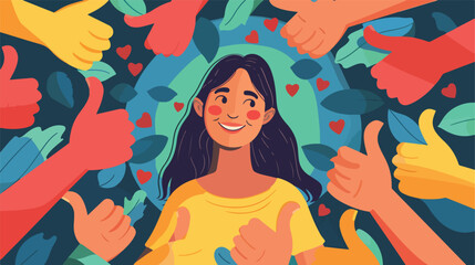 Young woman surrounded by hands with thumbs up isolated