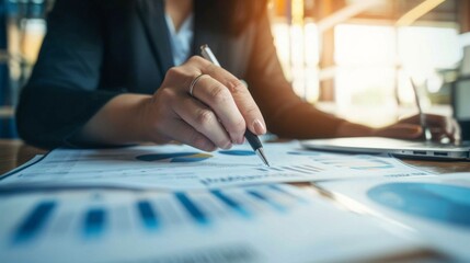 A person scrutinizes financial charts with a pen, working at a wooden desk next to a laptop.