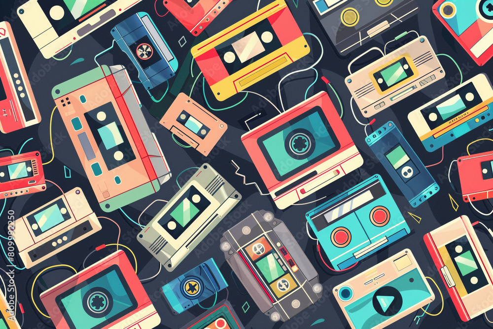Poster retro cassette tapes and smartphone apps in a seamless digital vector pattern, bridging generations 