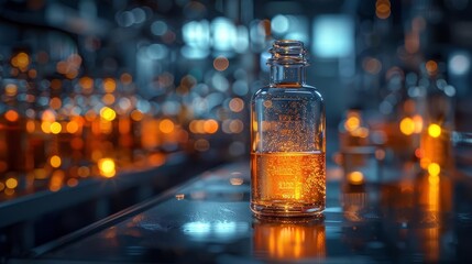 A close-up image of a clear glass bottle containing a mysterious, glowing orange liquid. The bottle is sitting on a reflective surface with a blurred background of lights.