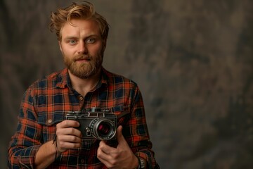 Stylish attractive cameraman in a checkered shirt holds in the hands of an old movie camera - Powered by Adobe