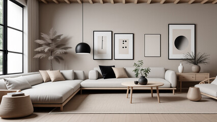 Modern living room design, wooden furniture with a sense of design, sofa surrounding tea table, milk white walls, minimalist style, used for background and banners