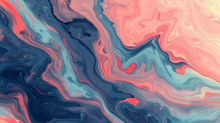   A blue, pink, and white abstract painting with one red center, situated at the image's heart