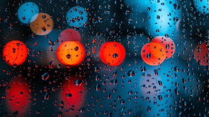   A tight shot of a rain-splattered window, displaying a traffic light in the near foreground and indistinct lights in the distant background