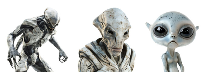 Gray Alien Set in Different Models: From Baby Alien to Aggressive Alien, Isolated on Transparent Background, PNG