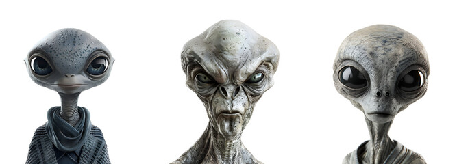 Obraz premium Gray Alien Models Set: Featuring Baby Alien and Aggressive Alien, Isolated on Transparent Background, PNG