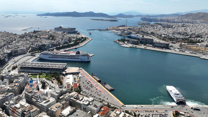 Aerial drone photo from famous busy port of Piraeus and new renovated landmark skyscraper Tower of...