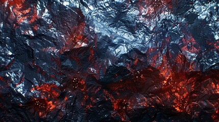   A tight shot of red and blue fire engulfing a piece of tin foil