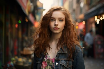 Fototapeta premium Portrait of a young redhead woman with captivating eyes on a bustling city street at twilight