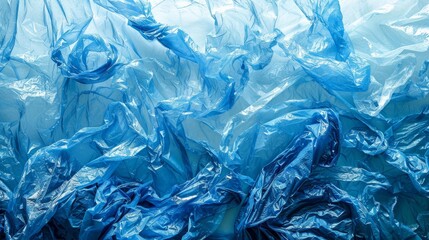   A pile of blue plastic bags atop wrapped counterparts in blue plastic