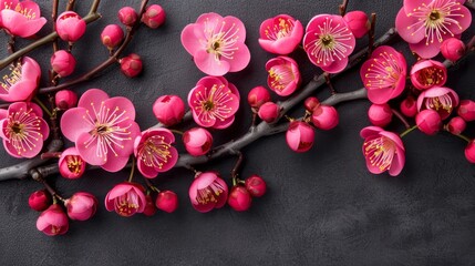   A black table holds a bouquet of pink flowers, accompanied by a branch bearing more pink blooms nearby - Powered by Adobe