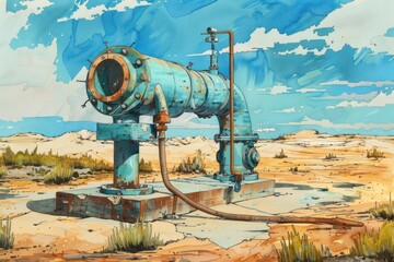 A rusty pipe in the desert, suitable for industrial or environmental themes