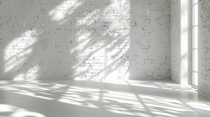   A room featuring a white brick wall and a large window casting a long shadow onto it