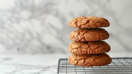   A stack of cookies on a metal rack, situated on a marble countertop Nearby, a marble wall