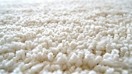   A tight shot of a pristine white rug, its underbelly speckled with copious amounts of white debris A central black figure rests within this expansive carpeted exp