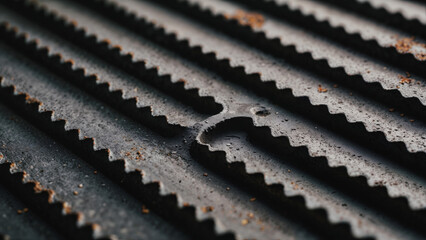 Close-up surface texture of rusty scrap metal iron sheets with serrated saw teeth edges, industrial waste metalwork art.