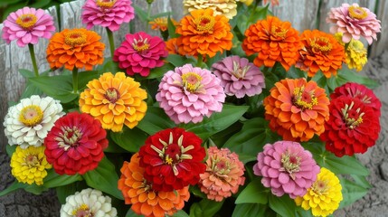   A tight shot of vibrant flowers in various hues occupying picture's center, backed by a weathered wooden fence