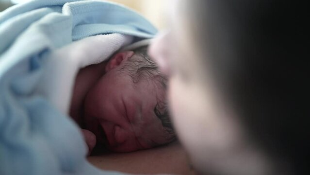 First Moments of Life - Newborn Crying on Mother's Chest Right After Childbirth, Authentic Real-Life Scene