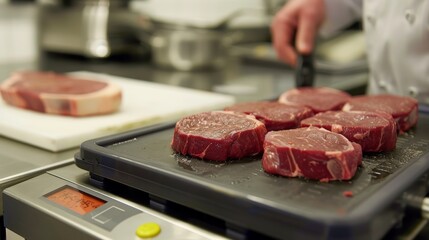 Professional chef weighing steaks in kitchen
