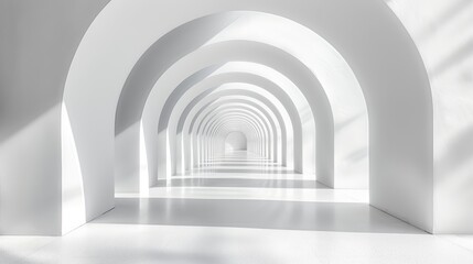   A long, white tunnel with a bright light emanating from its end, illuminating the right side