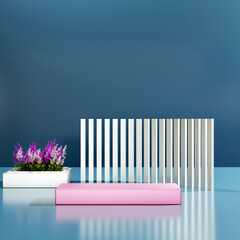 luxury shiny wall, podium, flower on floor 3d render. Abstract minimal background for mockup products display, showcase and advertising.