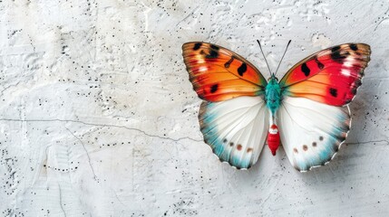   A multicolored butterfly perches on a pristine white background Its wings exhibit vibrant hues,...