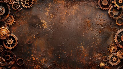   A rusted metal backdrop featuring cogwheels and a central hole within its frame