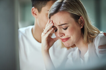 Stress, depression or couple with computer for internet, search or divorce application at home....
