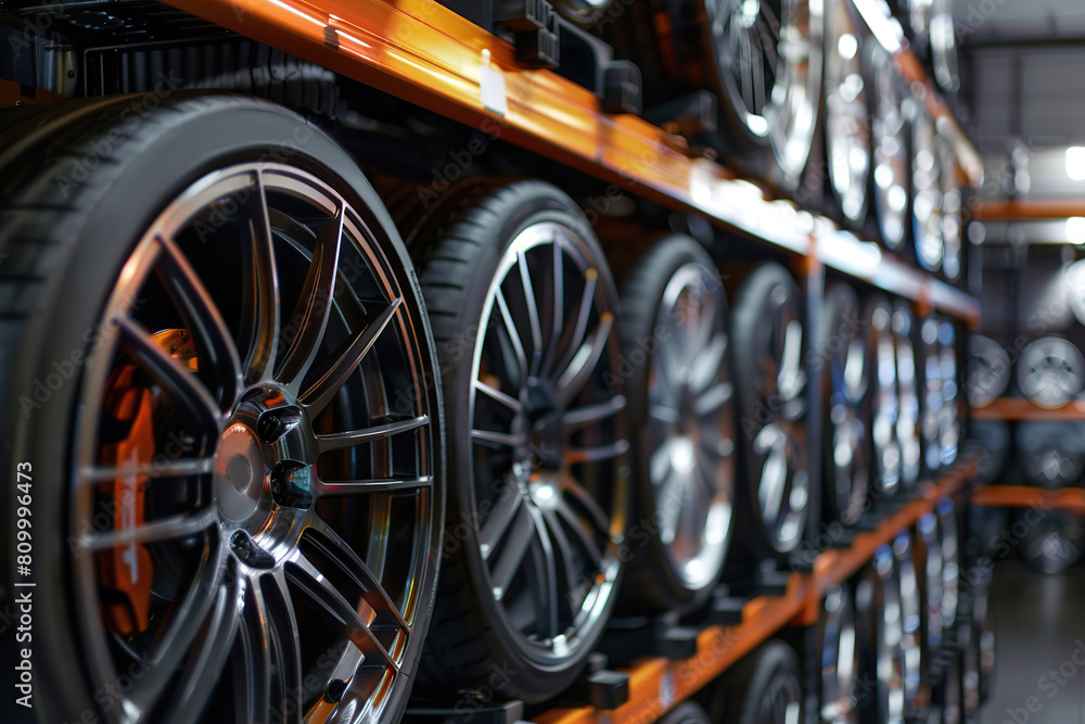 Wall mural Car wheels with new tires on blurred garage background