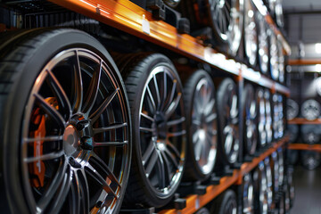 Fototapeta premium Car wheels with new tires on blurred garage background
