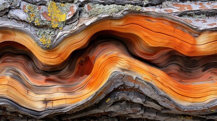   A tight shot of a tree trunk displaying orange and yellow striations on its bark