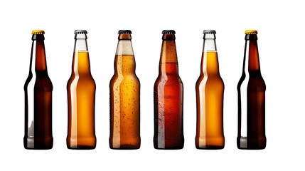5 beer bottles of different colors and styles isolated on a white background