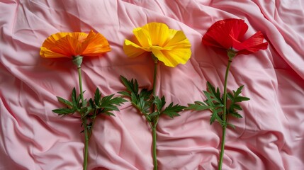   A trio of flowers sits atop a pink quilted bed One is red, another is red, and the third is yellow or orange