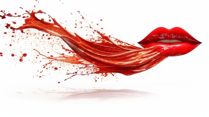   A woman with red lipstick exudes a red liquid from her mouth as she speaks
