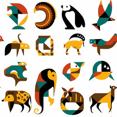 Vector set of animal icons in flat seamless style. Collection of animals icons.