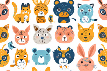 Seamless pattern with cute hand drawn animals. Vector illustration.