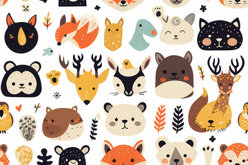 Cute seamless pattern with forest animals. Vector hand drawn illustration.