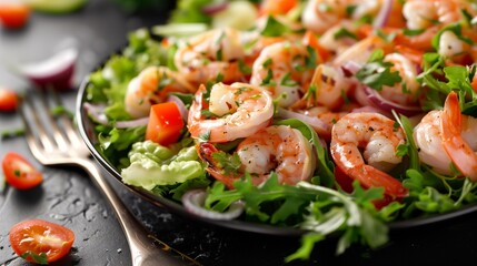 freshly made louie salad large succulent shrimp, lettuce, tomatoes, red onions black plate fork side