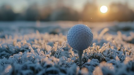 close-up golf ball tee sun rising background, leisure activity hobby game challenge