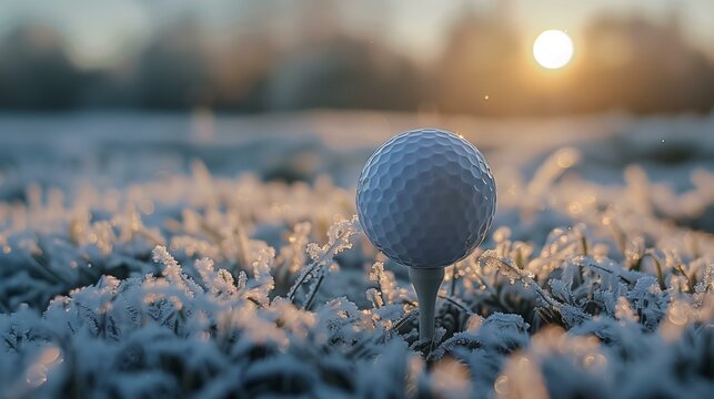 close-up golf ball tee sun rising background, leisure activity hobby game challenge